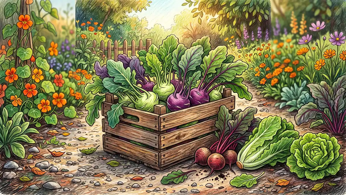 Wooden crate of green and purple kohlrabi bulbs with leaves attached beside beets and lettuce on a garden path