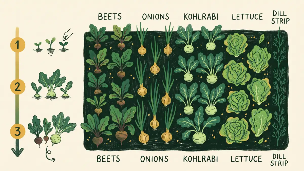 Hand-drawn infographic showing kohlrabi succession planting between rows of lettuce, beets, onions, and a dill strip