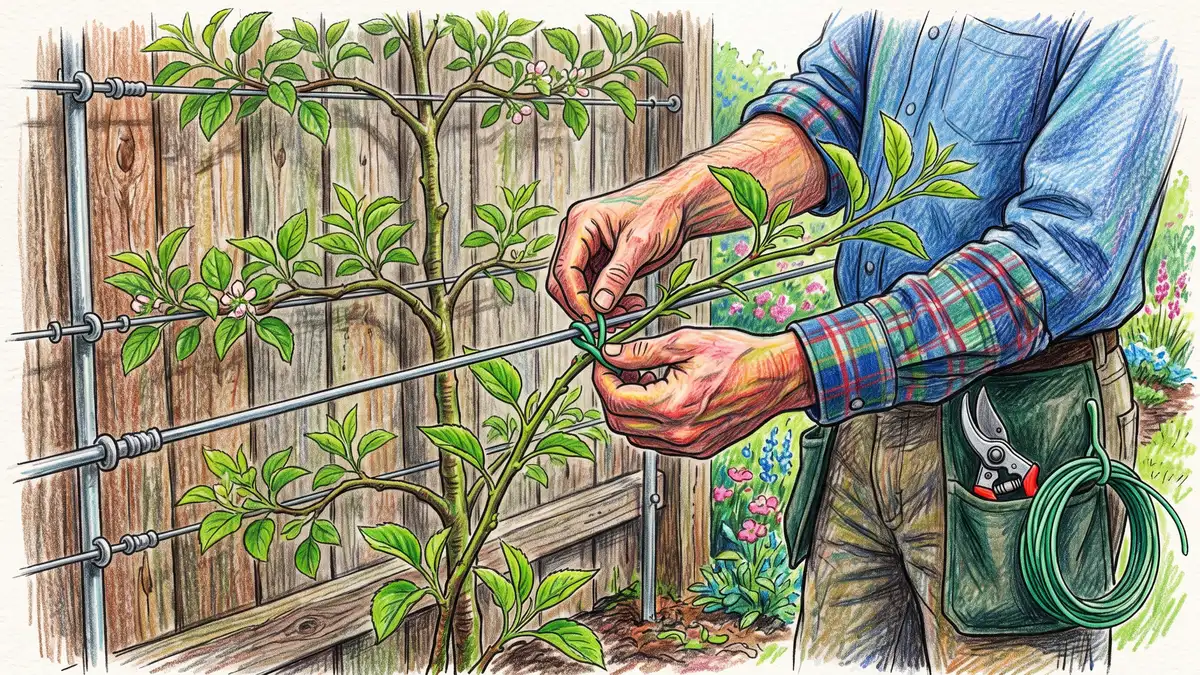 Hands tying a young apple branch to a horizontal wire with soft garden ties on a three-tier espalier against a fence