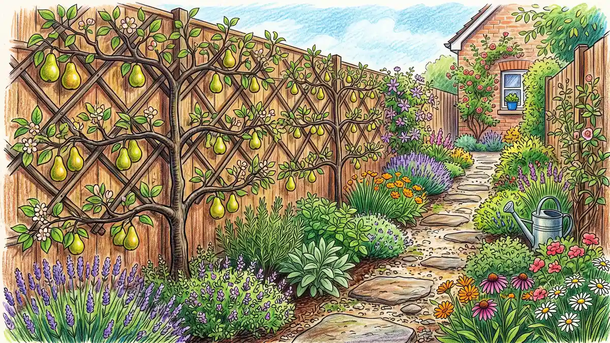 Narrow side yard with espaliered pear trees forming a Belgian fence lattice along a sunny fence with stepping stones and herbs