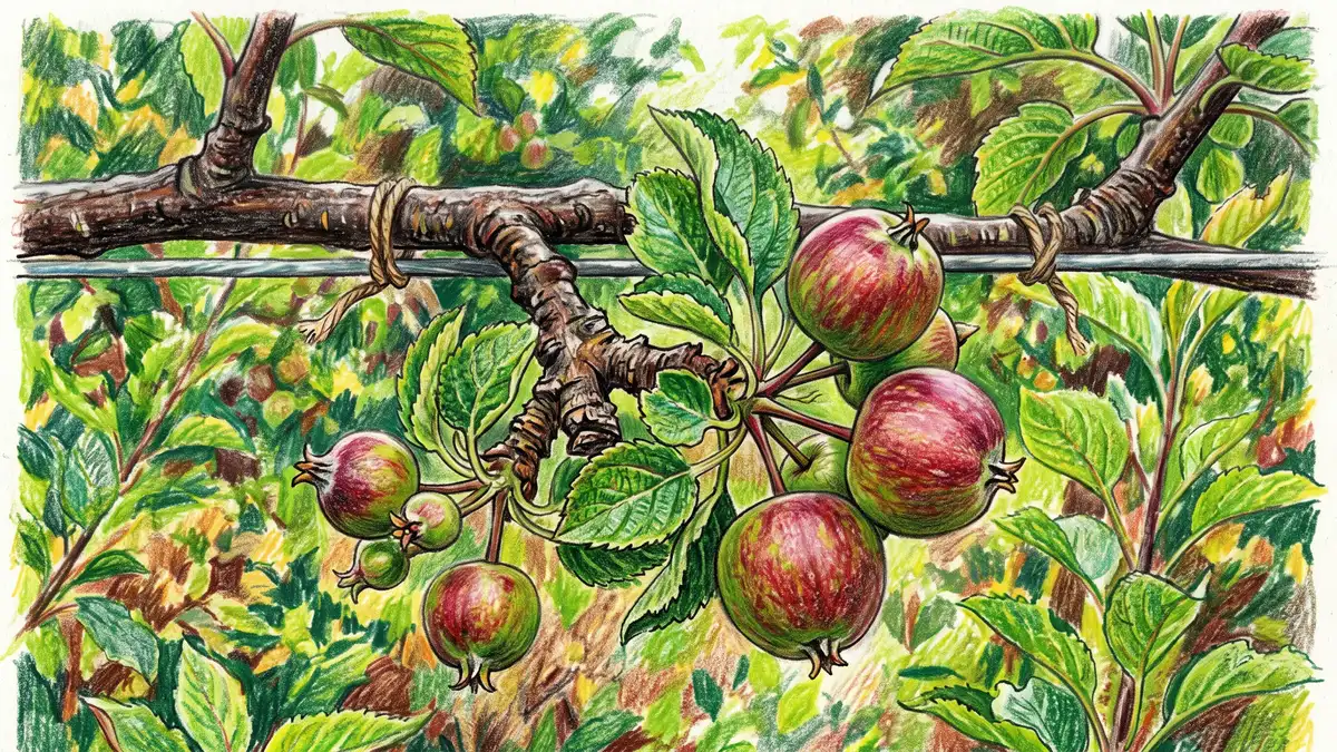 Close-up of an apple fruiting spur with small apples on a horizontal espalier branch tied to wire support