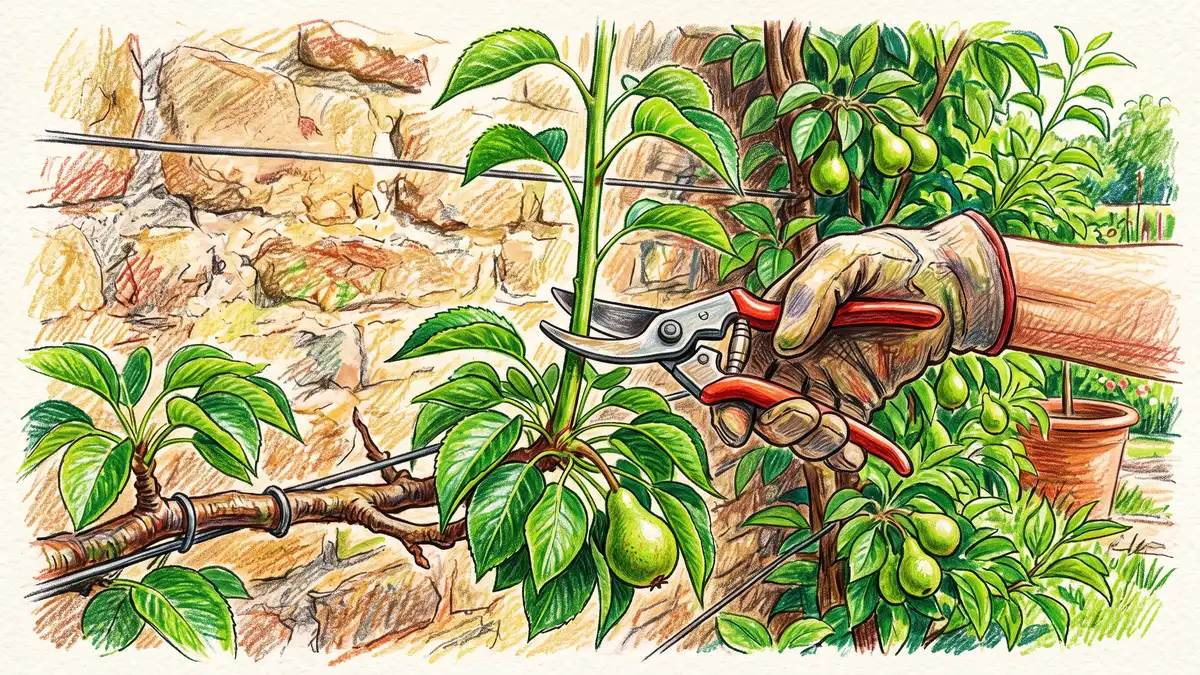 Pruning shears cutting a vigorous vertical shoot on an espaliered pear tree in summer with wall and wires behind