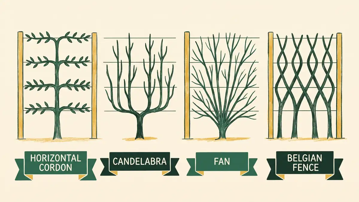 Hand-drawn infographic of four espalier training patterns: horizontal cordon, candelabra, fan, and Belgian fence
