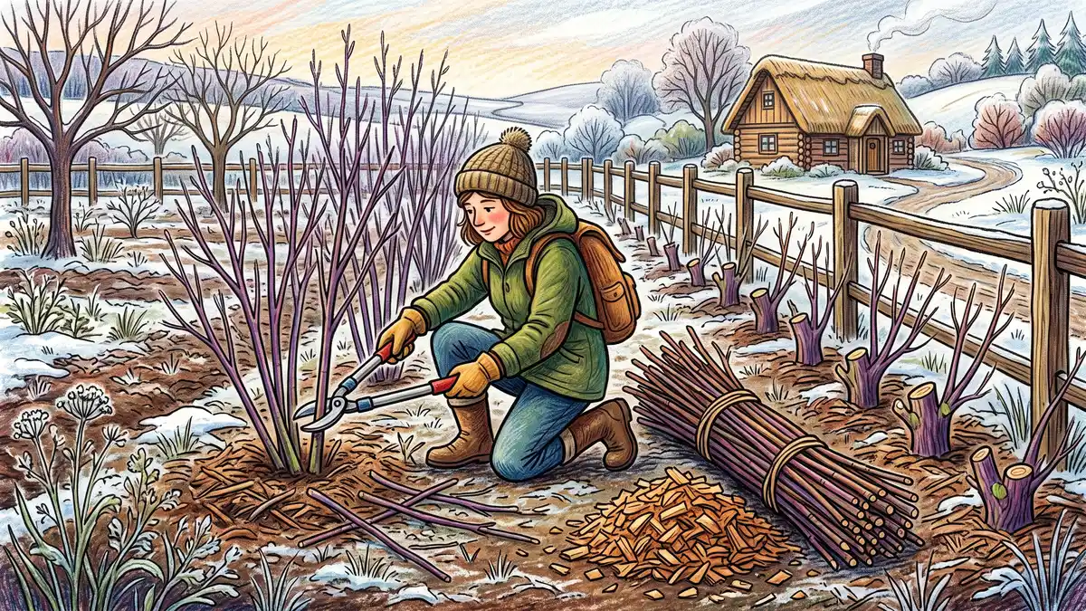 Homesteader cutting a young willow stem low to the ground with loppers in late winter beside bundled rods