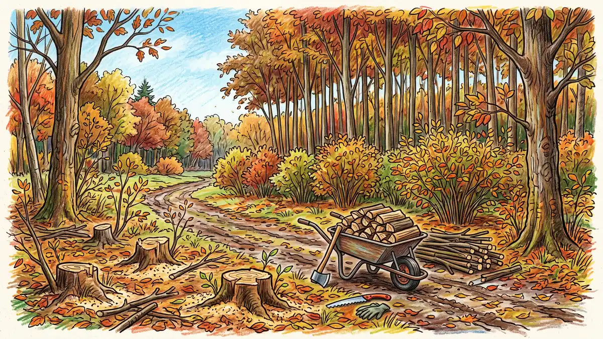 Homestead woodlot with coppice sections at different ages from fresh stools to pole-stage regrowth and a wheelbarrow of firewood