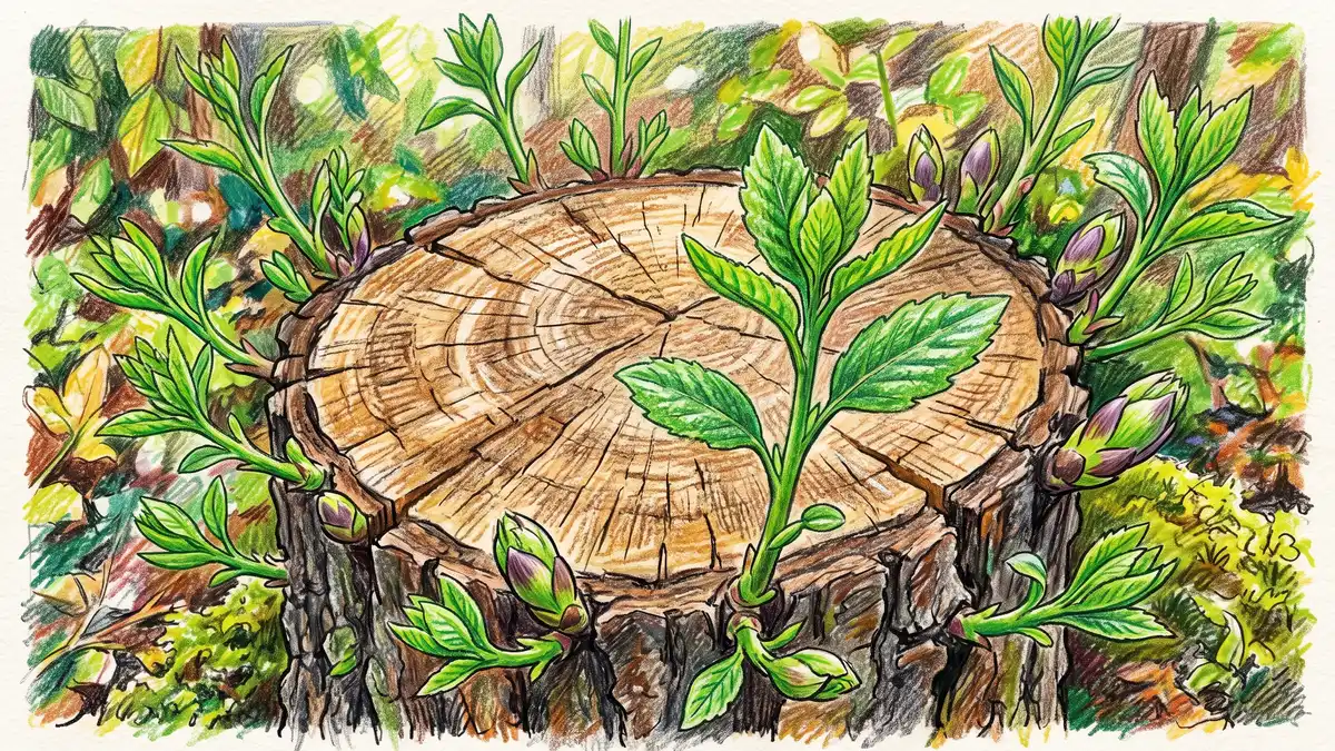 New shoots sprouting from a freshly cut tree stump with buds breaking from the bark edge around the cut surface