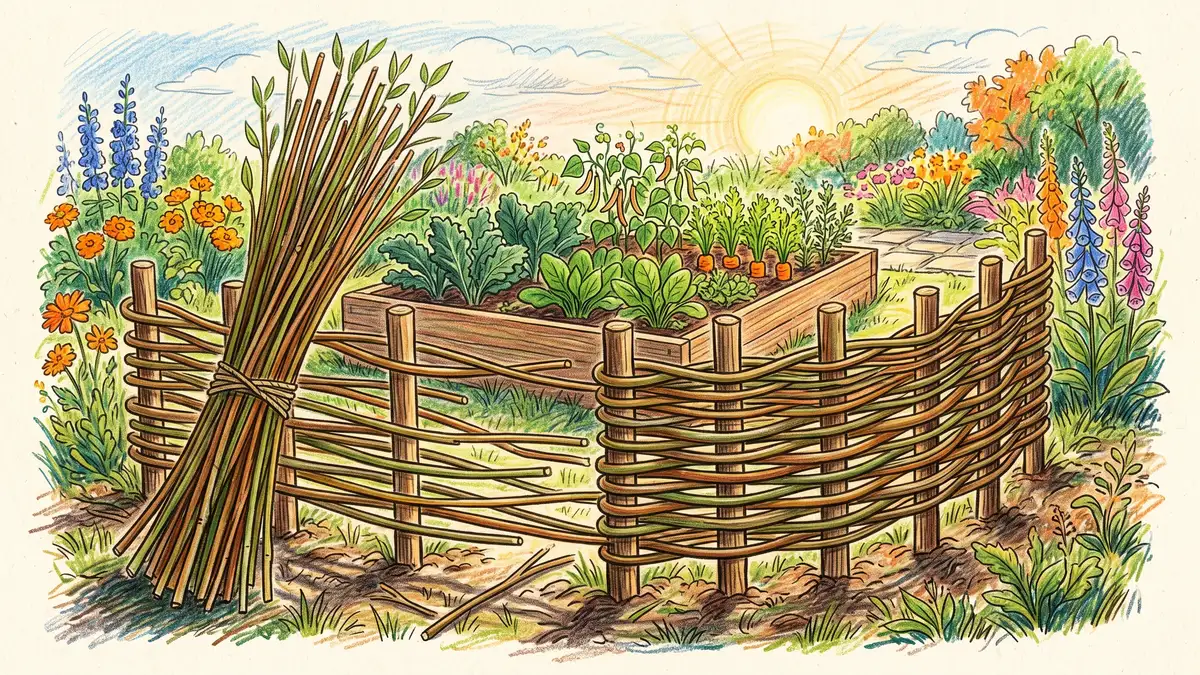 Partially built woven wattle garden fence of hazel and willow rods with a bundle of cut rods and raised bed behind