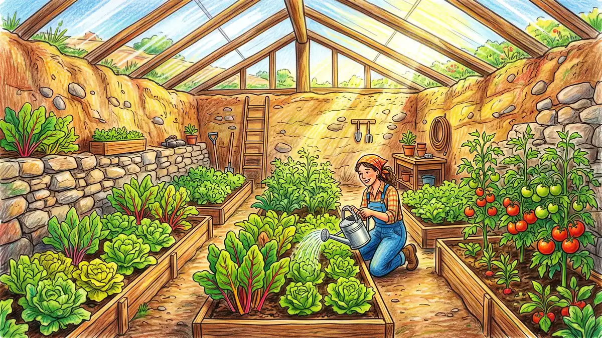 Interior of a walipini underground greenhouse with raised beds of lettuce and chard, earthen walls, and sunlight through the angled roof