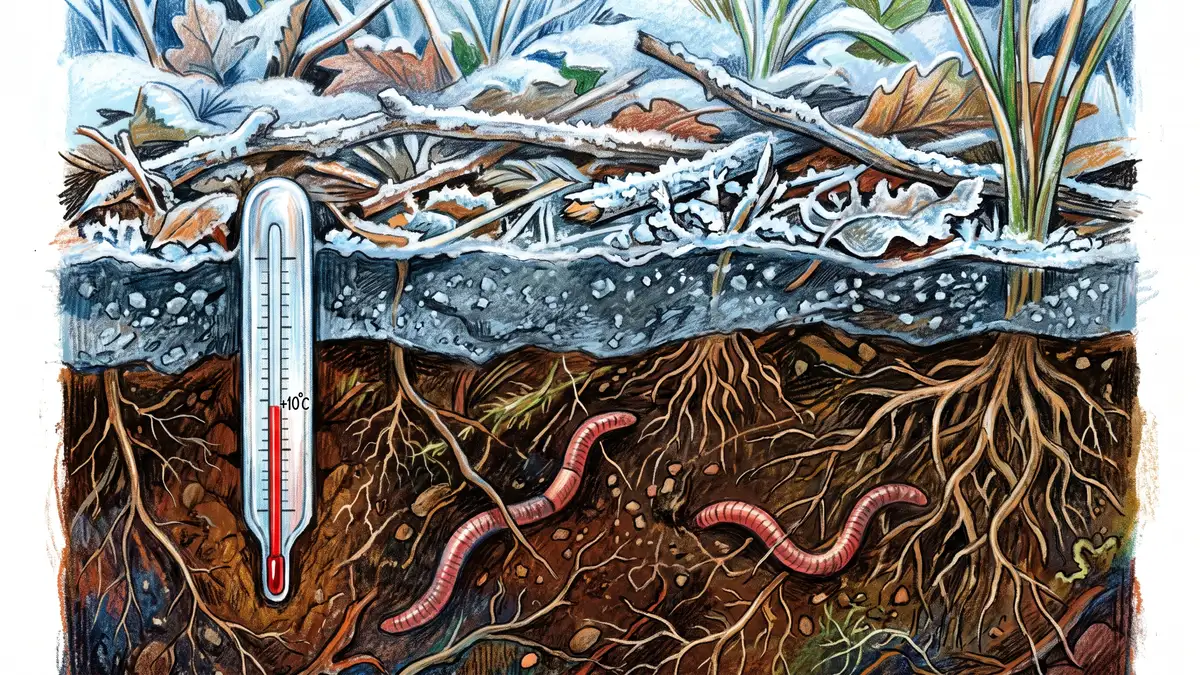 Cutaway illustration of frosty ground surface with warm soil below showing a thermometer, roots, and earthworms