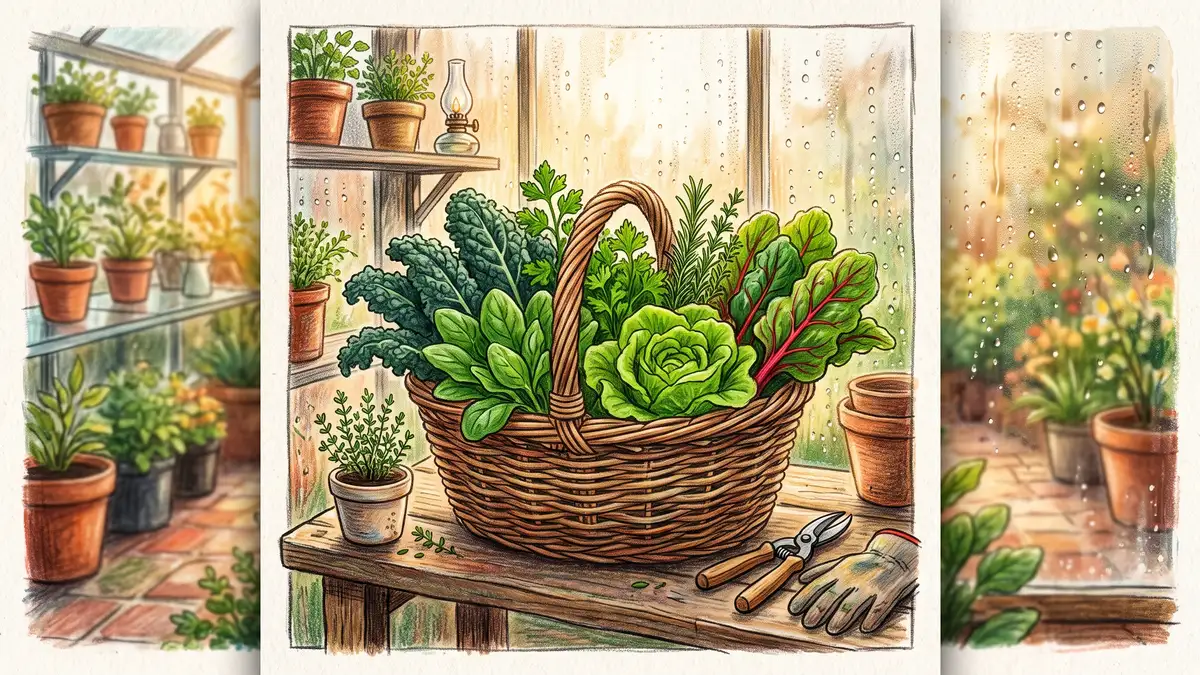 Basket of fresh spinach, kale, and lettuce on a wooden bench inside a bright greenhouse with condensation on the glazing