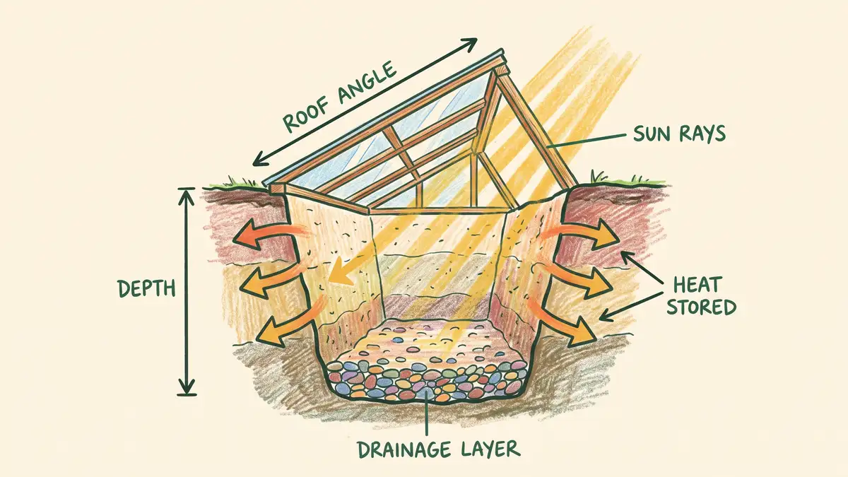 Hand-drawn cross-section infographic of a walipini showing pit depth, angled glazed roof facing winter sun, earth heat storage, and drainage layer