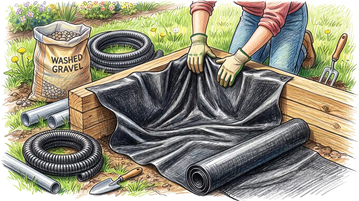 Gardener laying black pond liner into an empty timber raised bed with gravel, slotted drainage pipe, and PVC fill tube ready for a wicking bed build