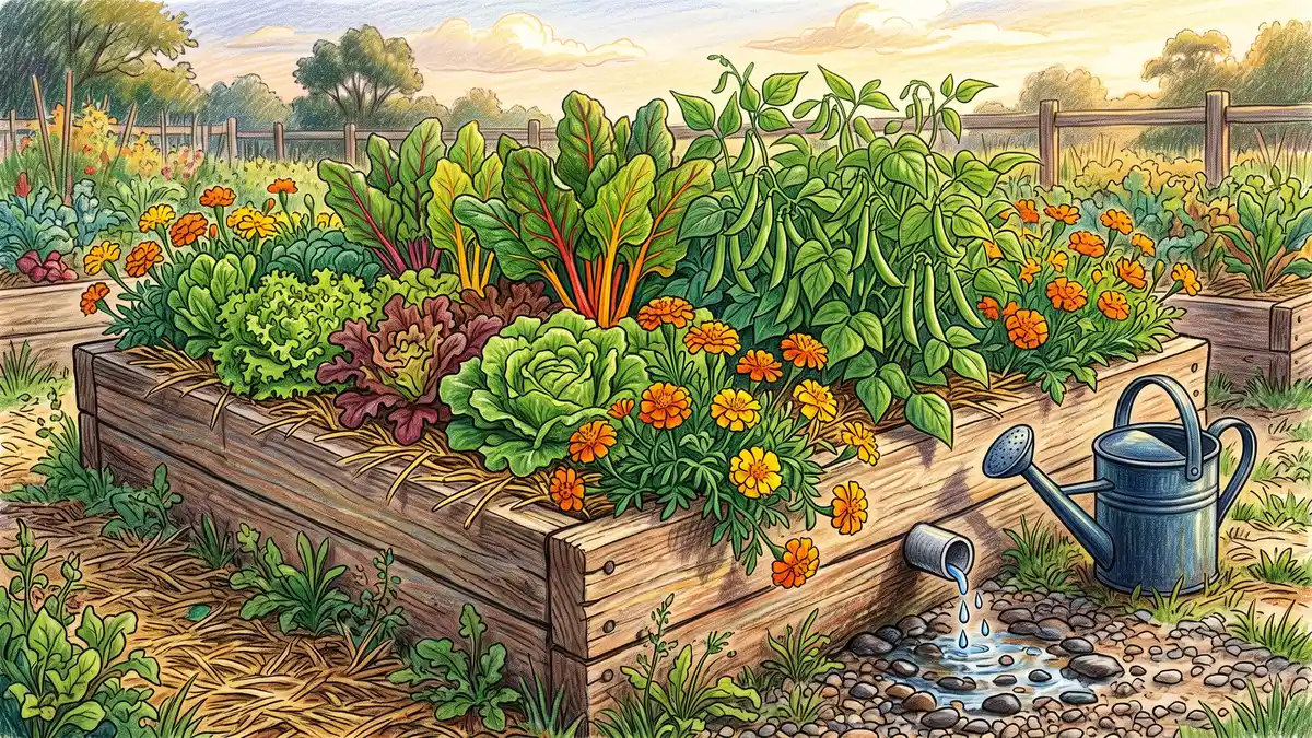 Thriving wicking bed in high summer densely planted with lettuce, chard, bush beans and marigolds over a straw mulch, with the overflow pipe dripping