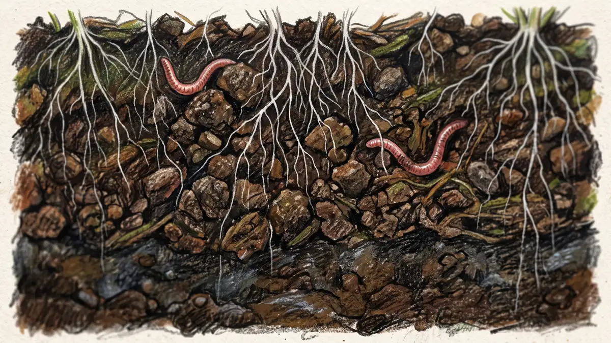 Close-up soil profile showing dark compost-rich soil with fine white roots reaching down toward a darker moisture band in a wicking bed