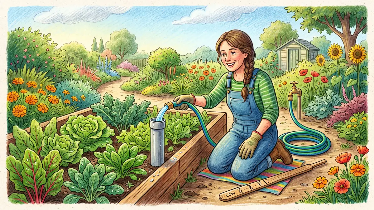 Gardener filling a wicking bed reservoir through a vertical PVC tube with a wooden dipstick nearby to check the water level