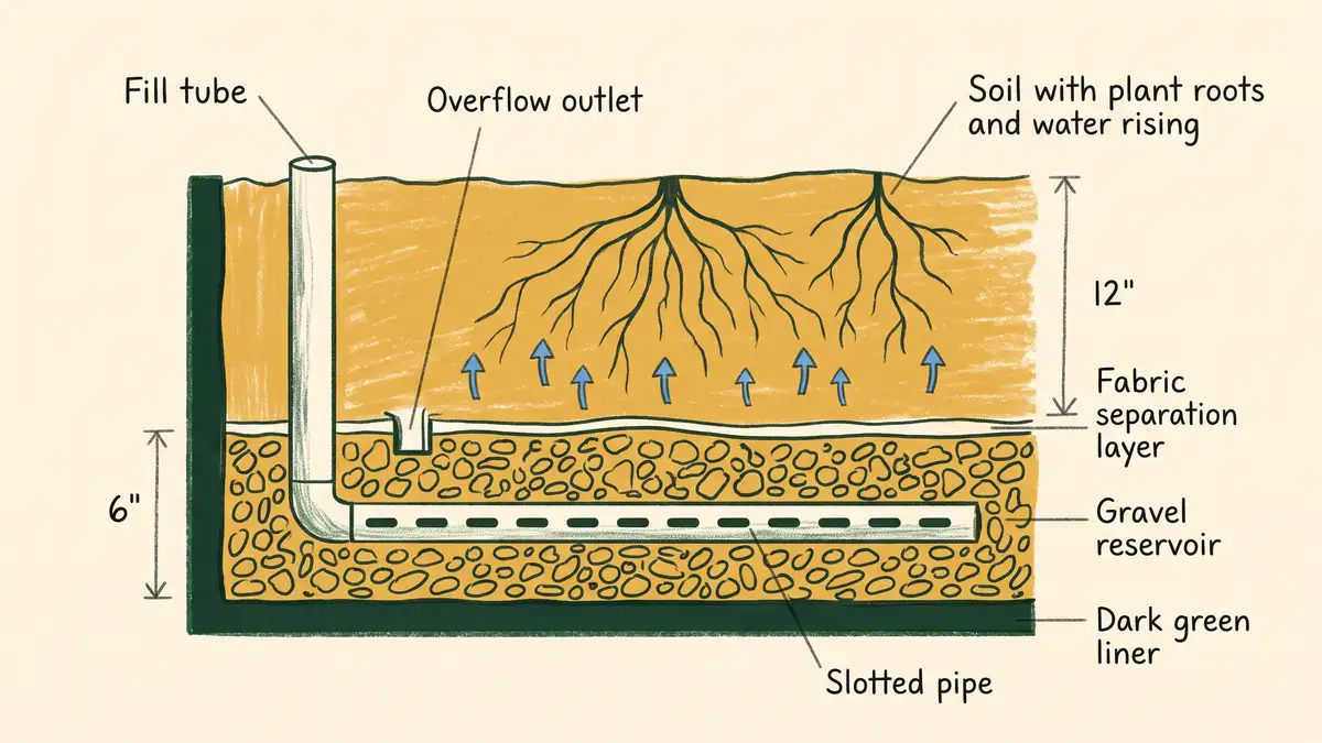 Cross-section diagram of a wicking bed showing liner, gravel reservoir, overflow outlet, separation fabric, and 12 inches of soil with water rising upward
