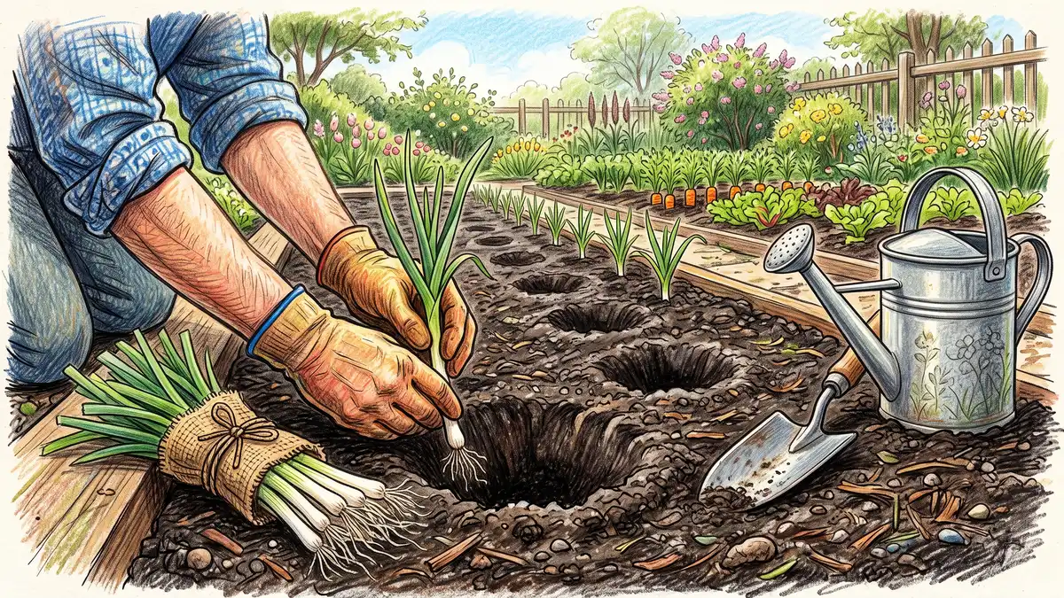 Gardener setting a young leek seedling into a deep dibbed hole in dark soil, with a bundle of leek transplants and a trowel on the bed edge
