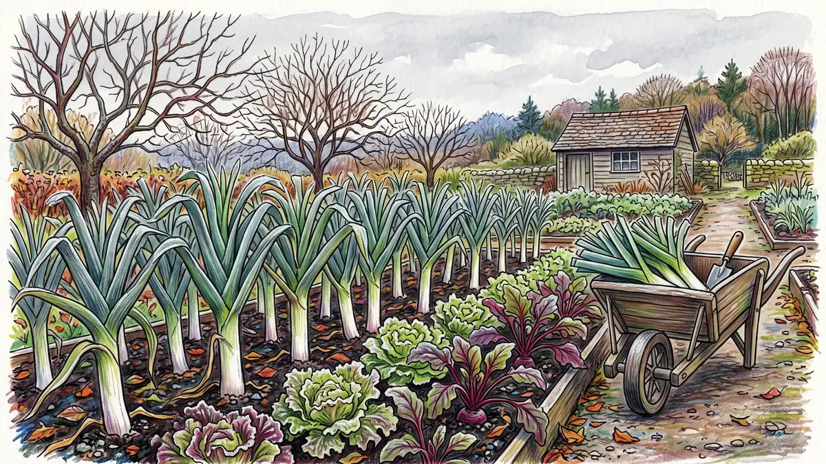 Late autumn kitchen garden with frost-dusted mature leeks interplanted with lettuce and beet leaves, a wheelbarrow of harvested leeks at the bed edge