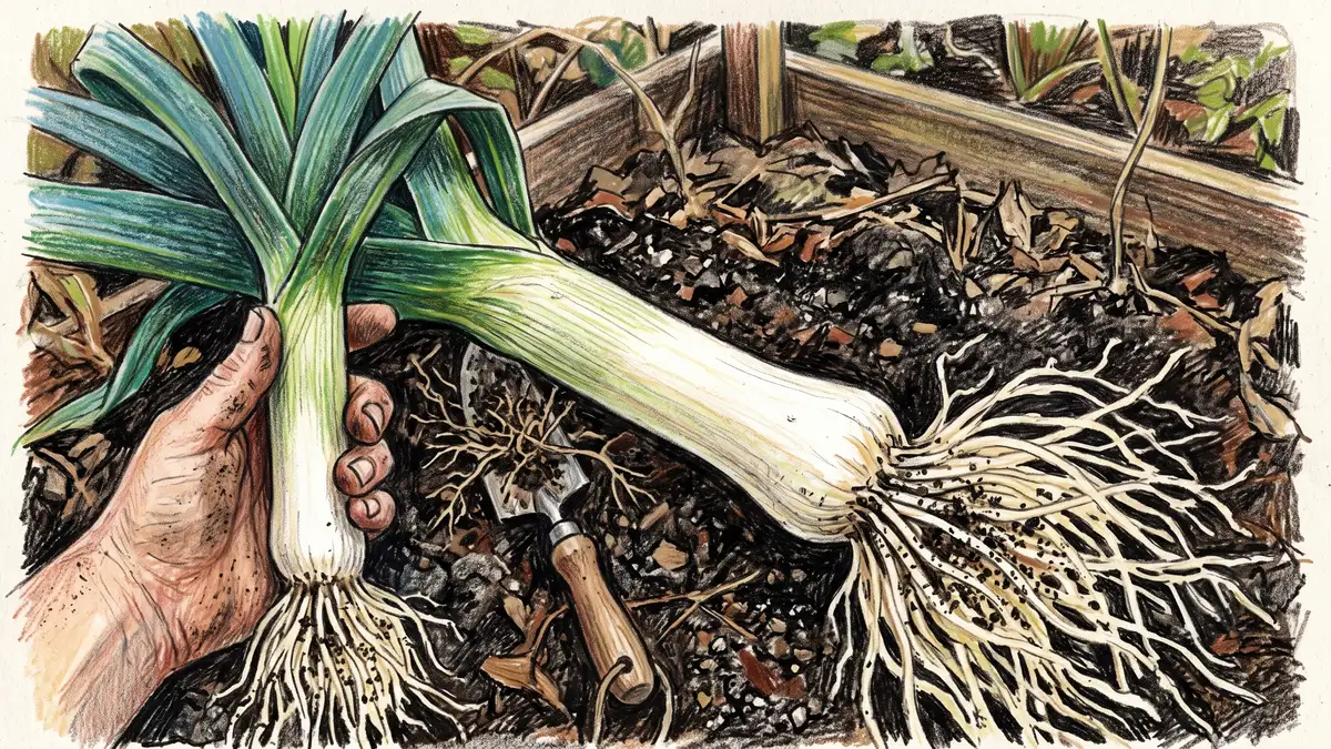 Single leek pulled from the soil showing the long white blanched shaft, fibrous root fan and flat blue-green strap leaves against dark earth