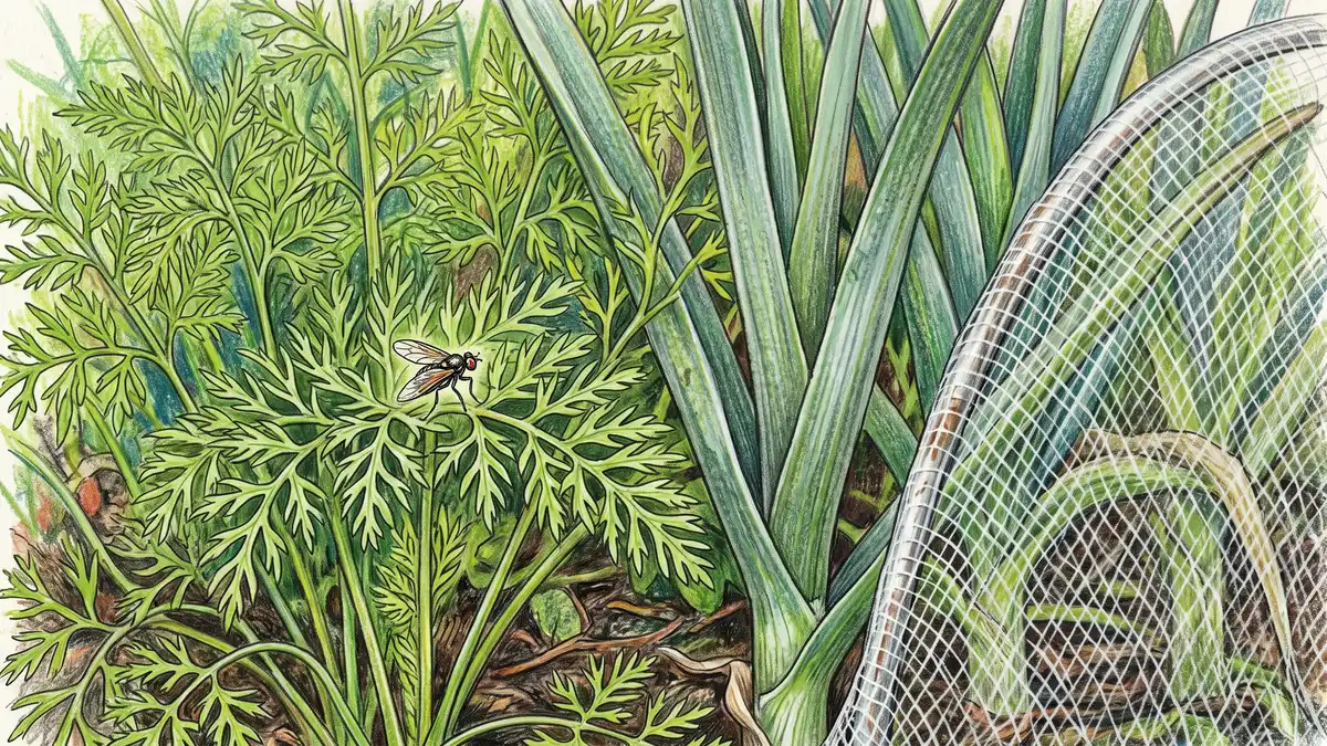 Close-up of carrot foliage and leek leaves growing side by side with a fine mesh insect barrier draped over a hoop to exclude carrot rust fly