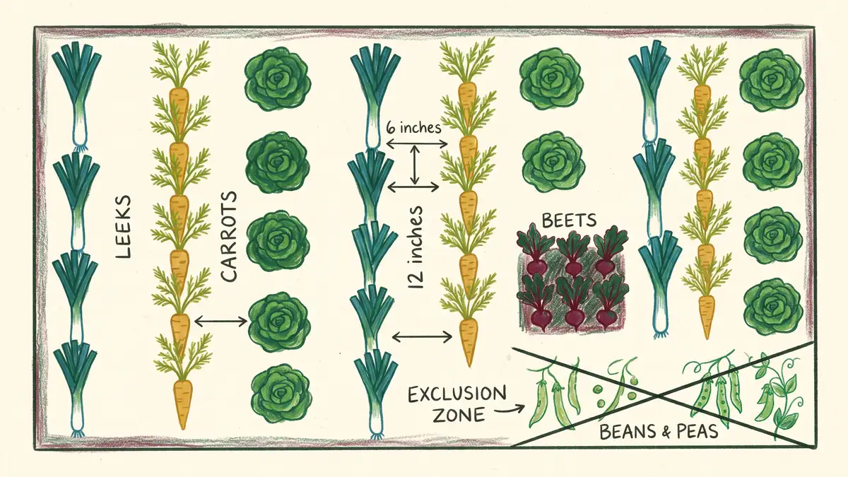 Top-down garden bed layout diagram showing rows of leeks alternating with carrots, lettuce and beets, with beans and peas marked as a crop to keep separate