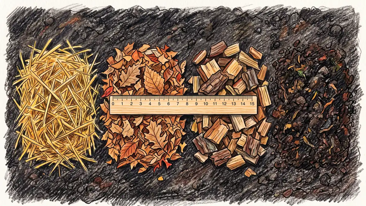 Overhead view of four mulch materials laid side by side on dark soil: golden straw, shredded autumn leaves, arborist wood chips and dark crumbly compost