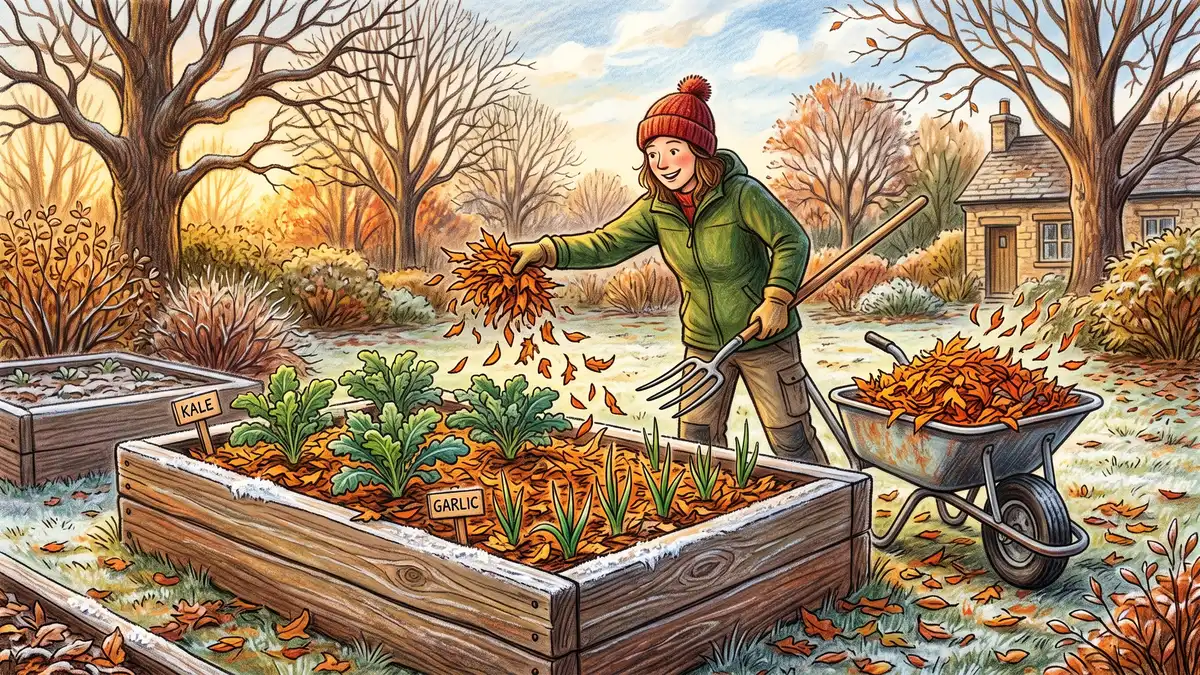 Gardener spreading shredded autumn leaves over a raised bed of overwintering kale and garlic shoots with a wheelbarrow and leaf rake