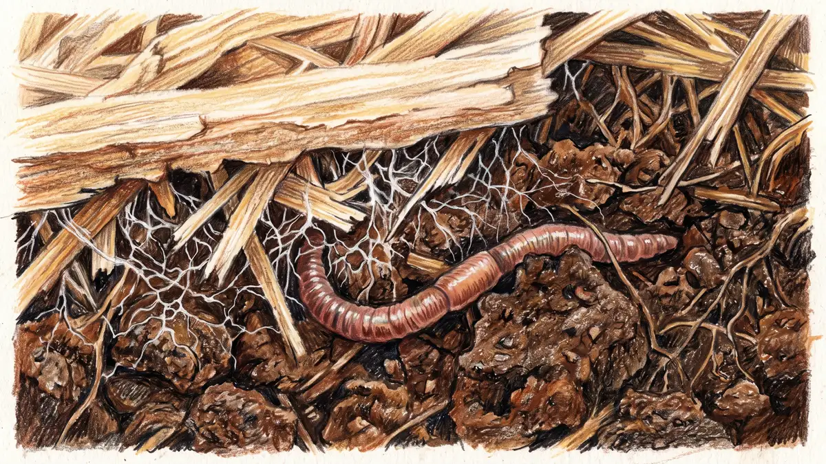 Close-up of the boundary between straw mulch and dark moist soil, showing the decomposing underside of the straw, fungal threads and a worm