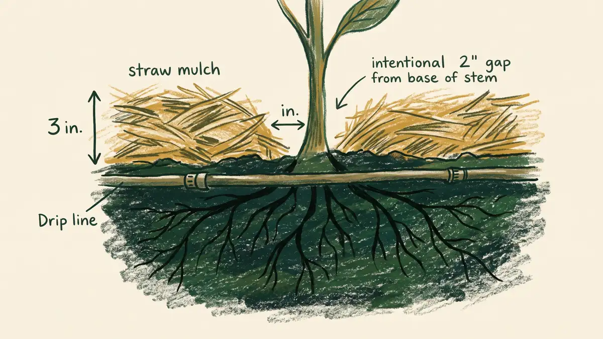 Cross-section diagram of a raised bed edge showing a 3 inch straw mulch layer, a 2 inch bare gap around the plant stem, and a drip line running beneath the mulch