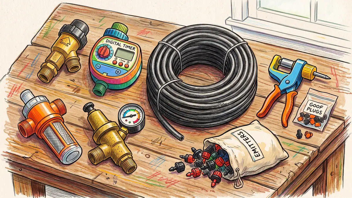 Flat lay of drip irrigation components on a workbench including half inch poly tubing, barbed emitters, mesh filter, pressure regulator, backflow preventer and hose timer