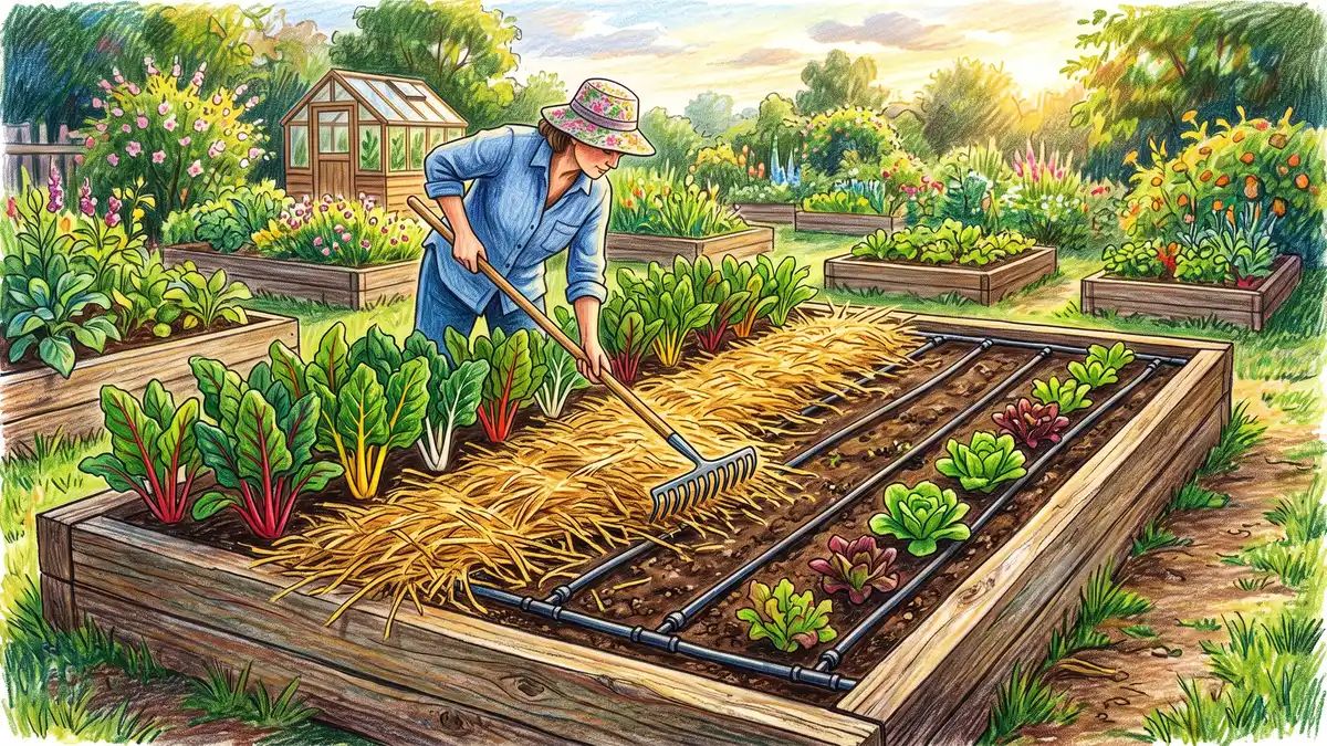 Raised timber bed with drip line laid on the soil surface and straw mulch being raked over the top, half the bed mulched and half showing bare tubing