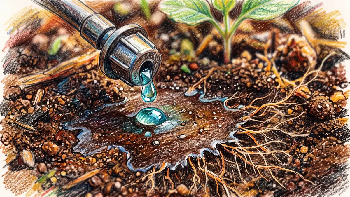 Close-up of a single drip emitter releasing water onto dark soil with the wet patch spreading outward and fine roots at the damp edge