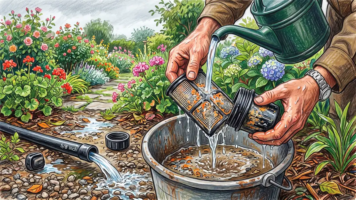 Gardener rinsing a clogged mesh screen filter over a bucket while a length of drip tubing flushes water onto gravel nearby
