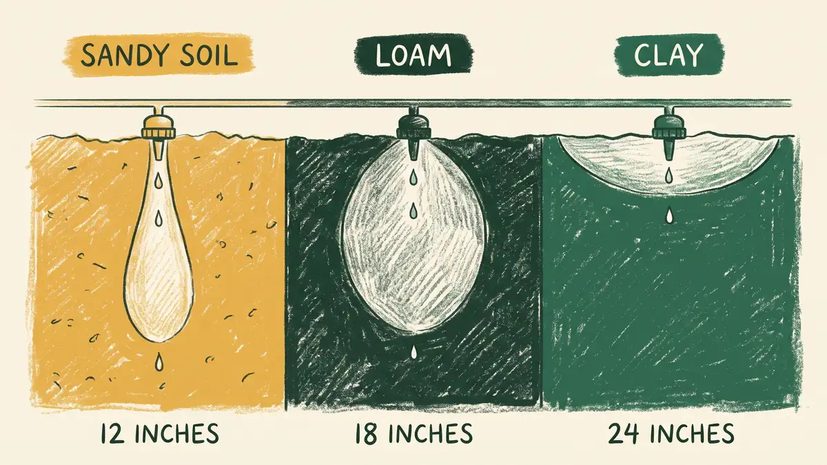 Diagram comparing drip emitter wetting patterns in sandy, loam and clay soil with recommended emitter spacing of 12, 18 and 24 inches