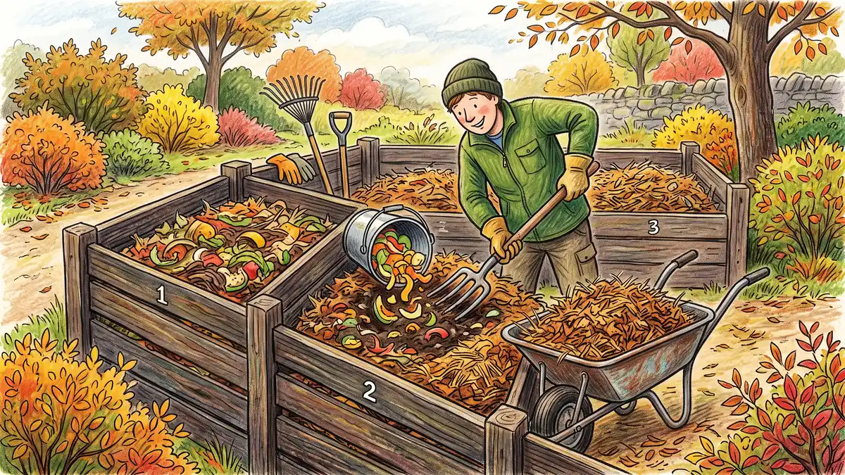 Gardener burying a bucket of kitchen scraps into the centre of a compost heap and covering them with dry shredded brown leaves and straw