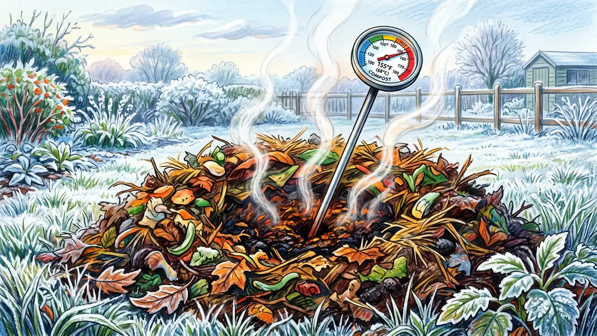 Long-stemmed compost thermometer pushed into a steaming compost heap on a frosty morning with steam rising from the dark material