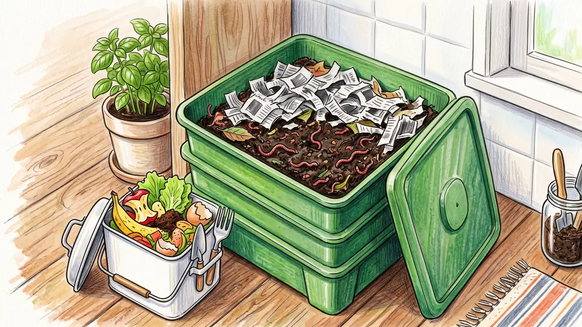 Tidy worm composting bin with red wigglers in dark castings under a layer of shredded newspaper, with a kitchen scrap caddy beside it