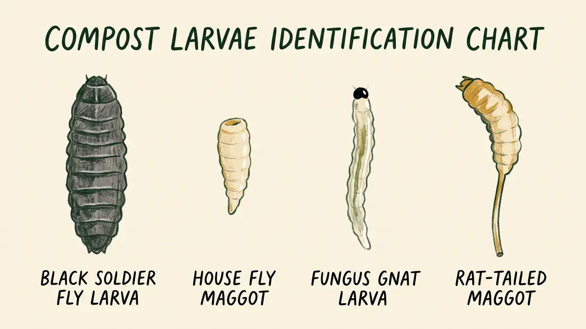 Identification chart comparing black soldier fly larvae, house fly maggots, fungus gnat larvae and rat-tailed maggots found in home compost