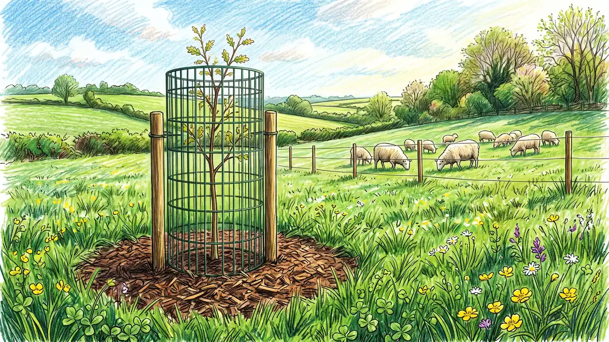 Young sapling protected inside a tall mesh tree guard in an established pasture with mulch at the base and sheep grazing behind a temporary fence