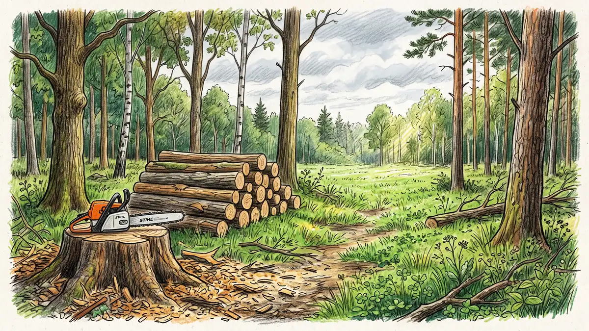 Woodland being thinned into silvopasture with felled logs stacked, widely spaced remaining trunks and new grass greening the forest floor