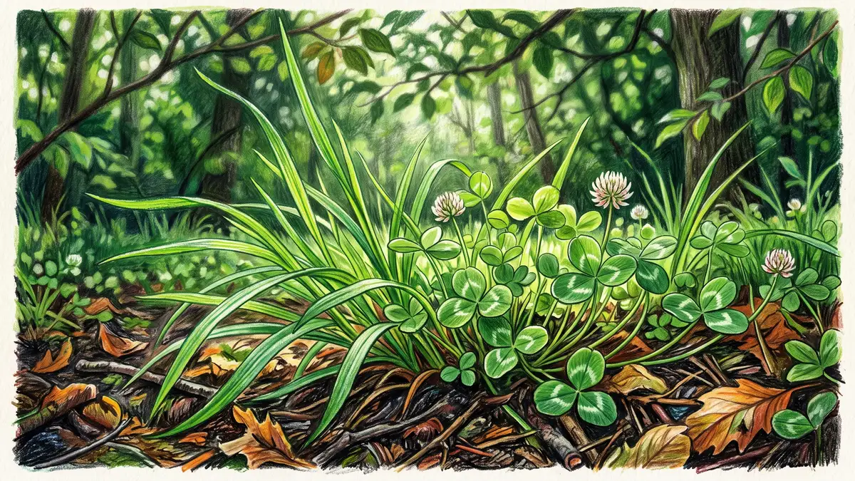 Close-up of shade-tolerant orchardgrass and white clover growing beneath a tree canopy in a silvopasture with filtered light on the leaves