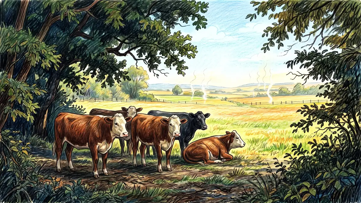 Cattle standing calmly in deep tree shade on a hot day with sunlit open pasture and heat haze visible beyond them