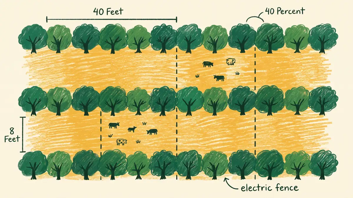Overhead silvopasture paddock diagram showing widely spaced tree rows, grazing alleys, electric fence rotation cells and 40 percent canopy cover