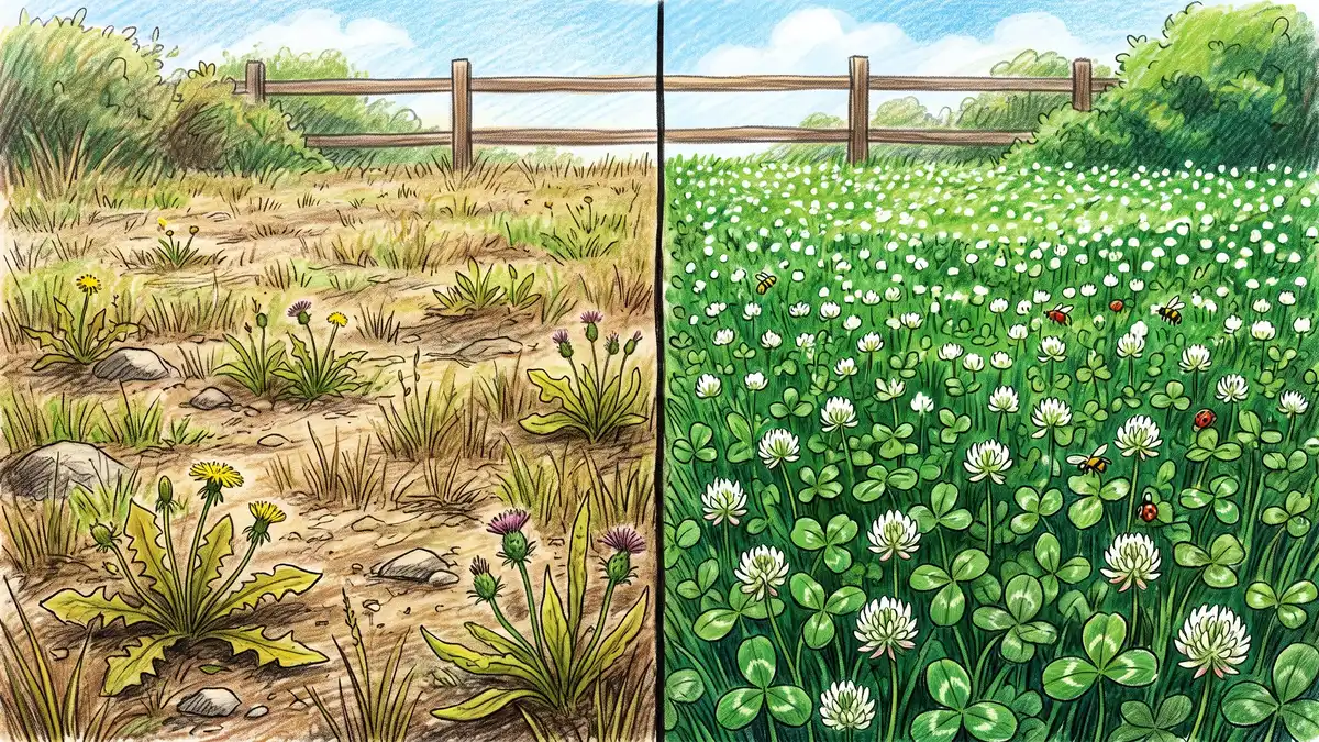Side-by-side comparison of a thin patchy brown turfgrass lawn on the left and a dense green white clover lawn with small white flowers on the right