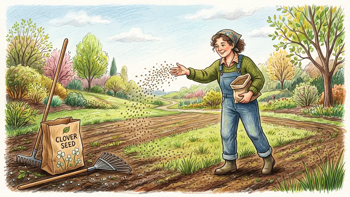 A gardener broadcasting clover seed by hand across a freshly raked lawn in early spring, with a rake and seed bag resting nearby on dewy soil