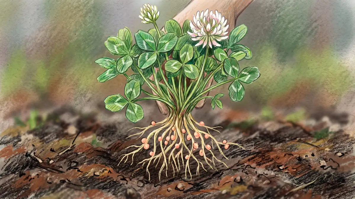 Close-up of a white clover plant lifted from soil showing trifoliate leaves above and pink nitrogen-fixing nodules studding the root system below