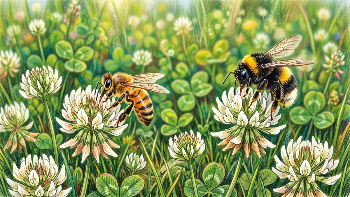 A honeybee and a bumblebee feeding on white clover flowers in a mown lawn, photographed from a low angle in warm afternoon light