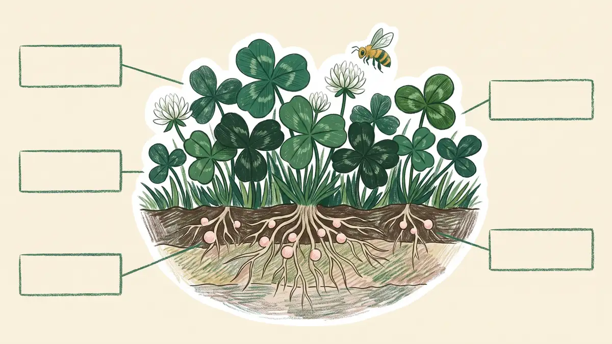 Illustrated cross-section diagram of a clover lawn showing trifoliate leaves and flowers above ground and root nodules fixing nitrogen below ground