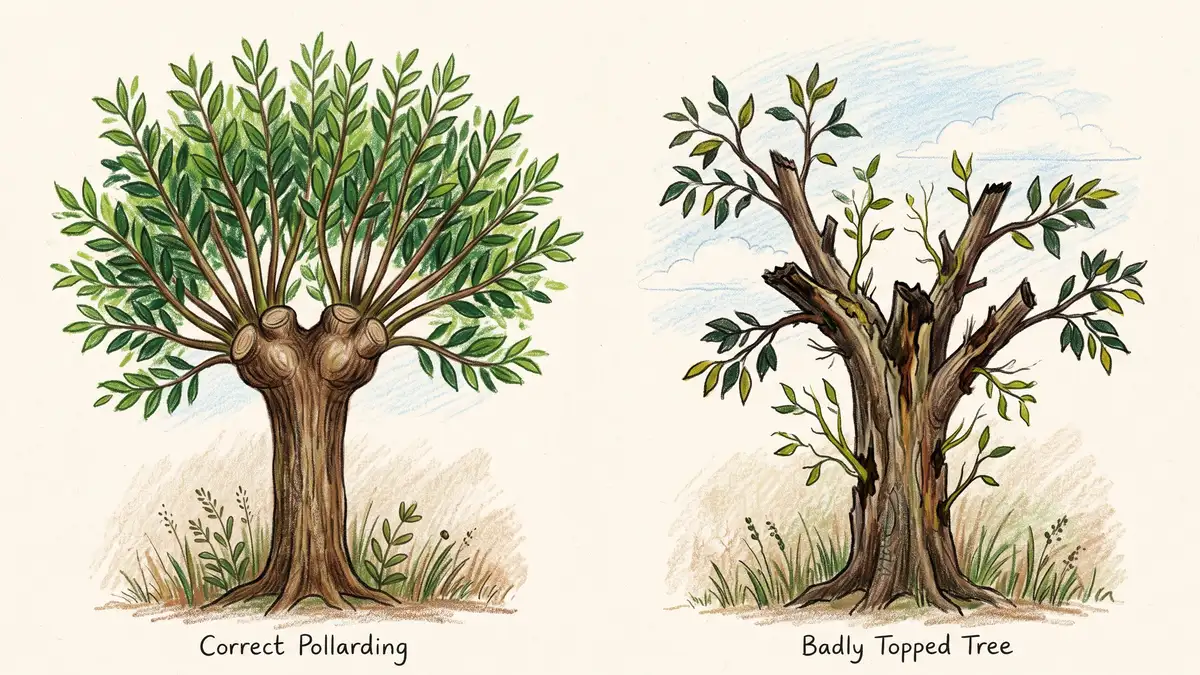Illustration contrasting a correctly pollarded tree with a healthy knuckle against a badly topped tree with decaying stub cuts and weak sprouts
