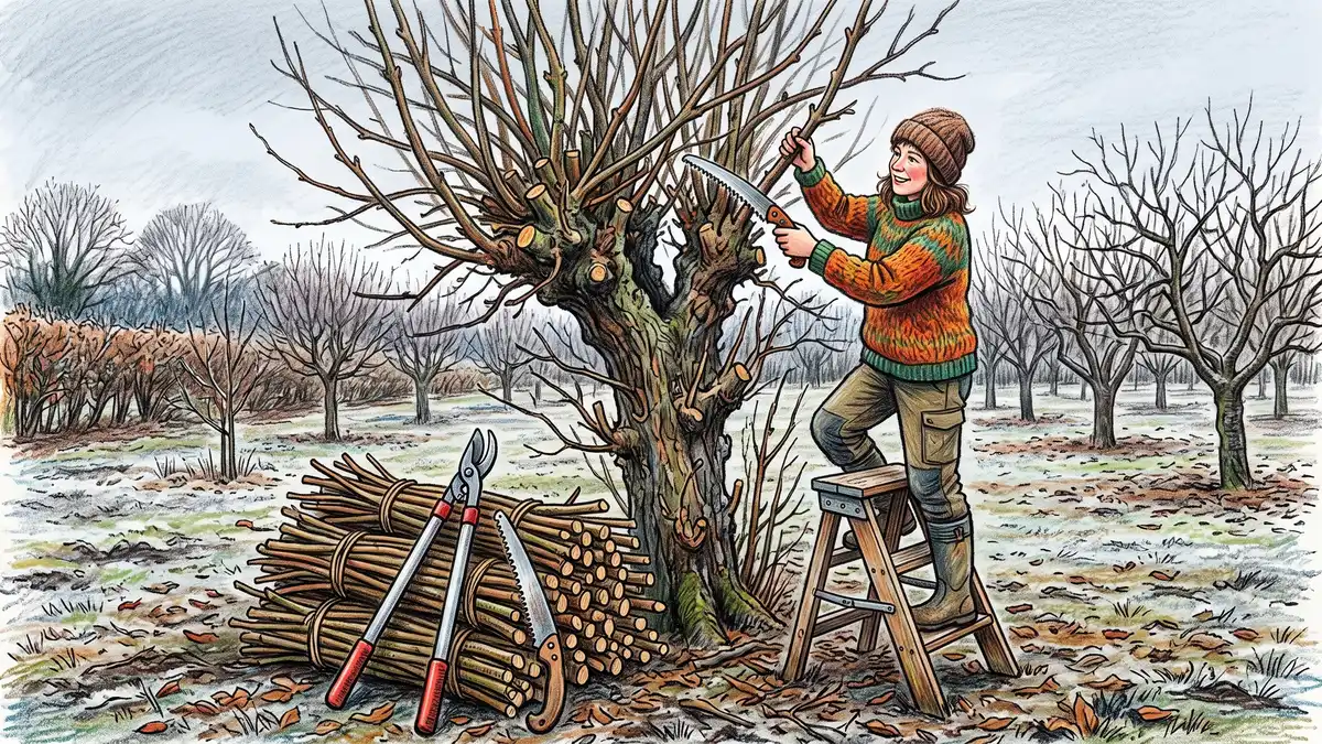 A gardener on a step ladder cutting last season's shoots from a pollarded mulberry tree with a pruning saw in late winter